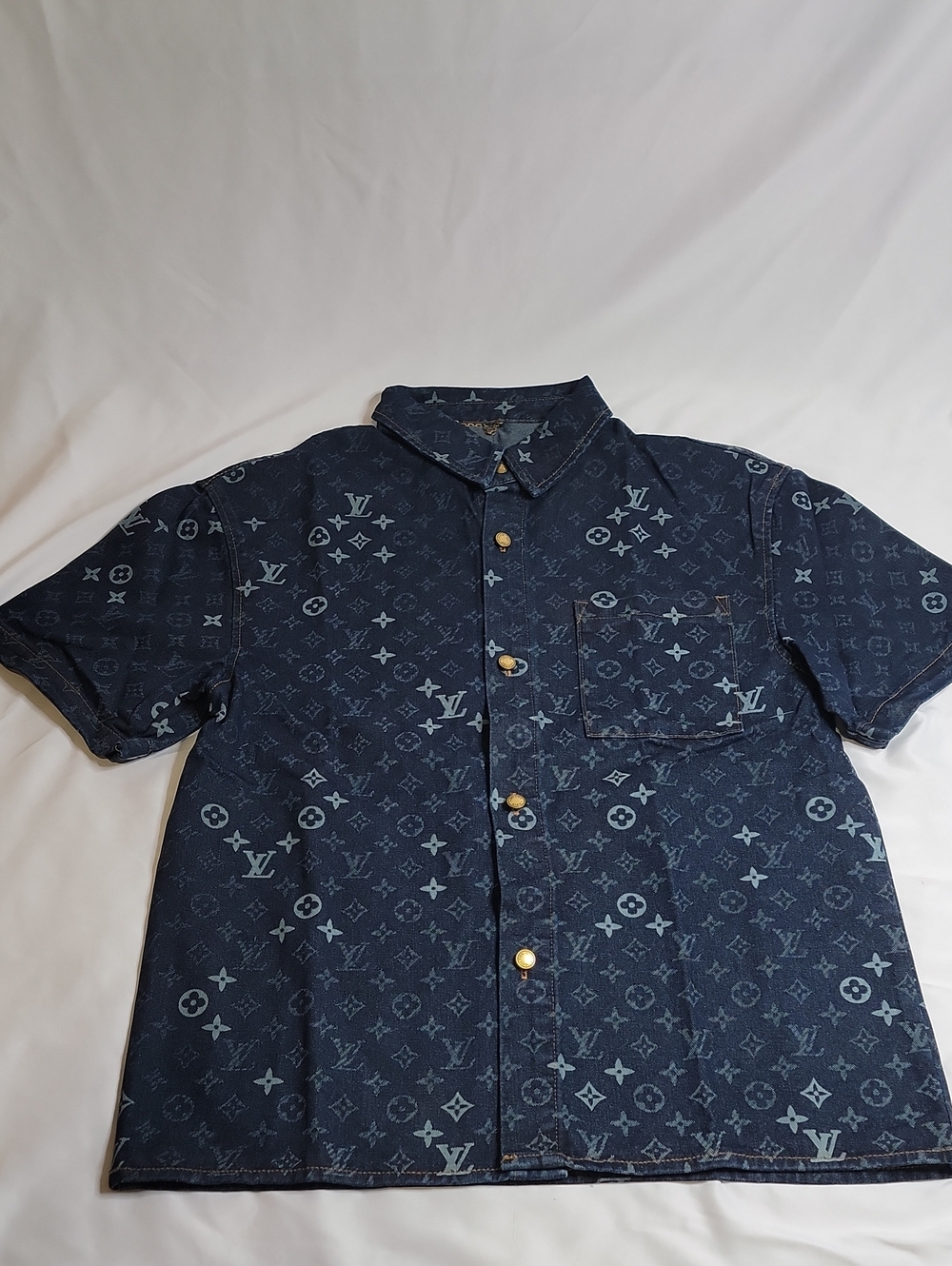 Louis Vuitton Denim Navy Monogram Short Sleeve Button-Down Shirt